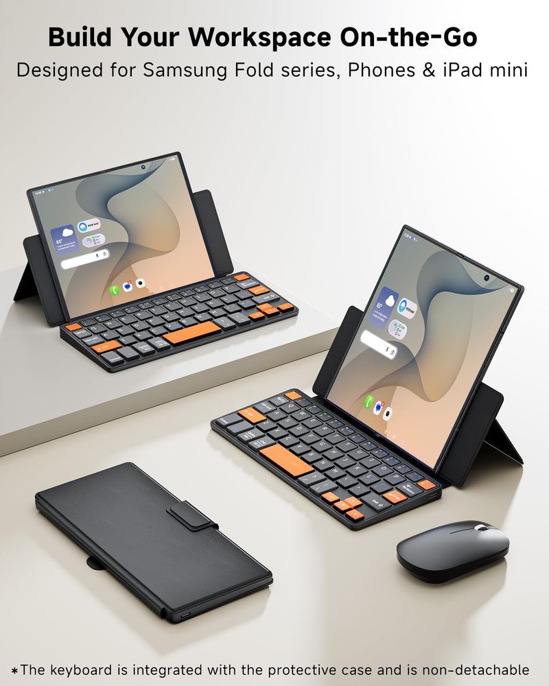 Ultra Compact Keyboard & Mouse for Galaxy Z Fold 8 Ultra/8 Wide/7/6, Phone | Portable Travel, Lightweight, Dual-device Bluetooth, Adjustable Stand, Leather Cover, Mini Wireless Keyboard, For iPad mini Orange