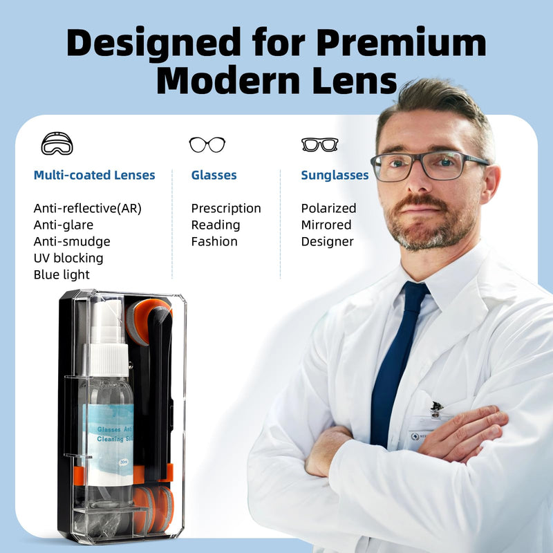 Glasses Cleaning Kit Eyeglass Cleaner, Anti Fog Lens Cleaner Spray with Microfiber Lens Cleaning Cloth, Eye Glass Repair Kit with Screws and Screwdriver, Nose Pads, Portable Glasses Cleaner Tool Light Black