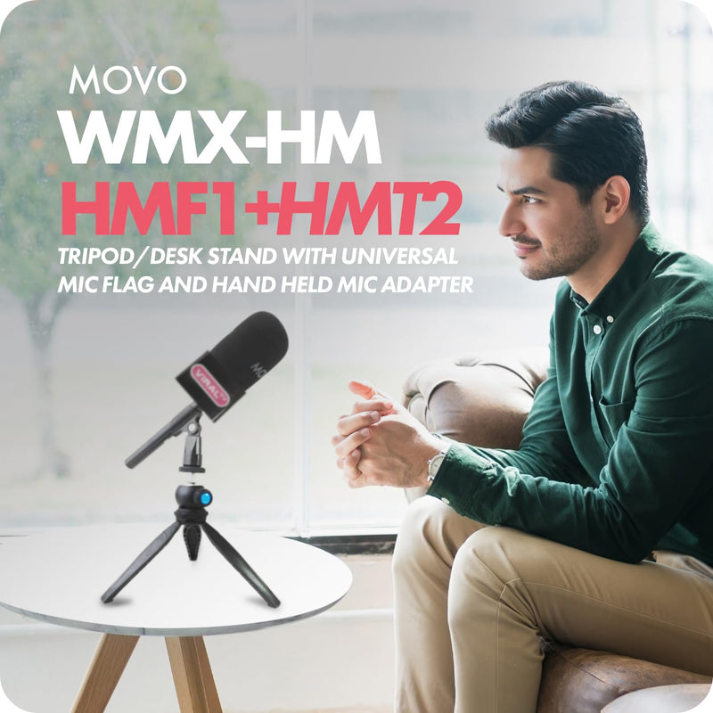 Movo WMX-HM Wireless Interview Microphone Adapter w/Mic Flag and Mic Stand - Compatible with DJI Mic, Rode Wireless GO, Hollyland Lark, and More - for Podcasting, Interviews, and Content Creation
