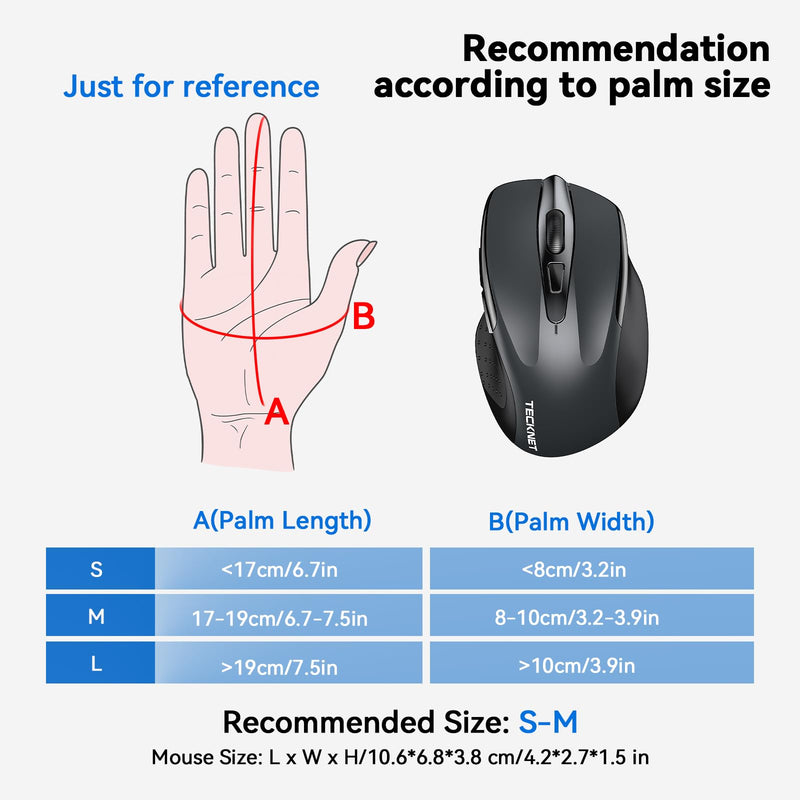 TECKNET Wireless Mouse (BT5.0/3.0 & 2.4G) Rechargeable 4800 DPI Silent Mouse 6 Buttons Bluetooth Mouse, USB A Mouse Wide Compatibility - Grey