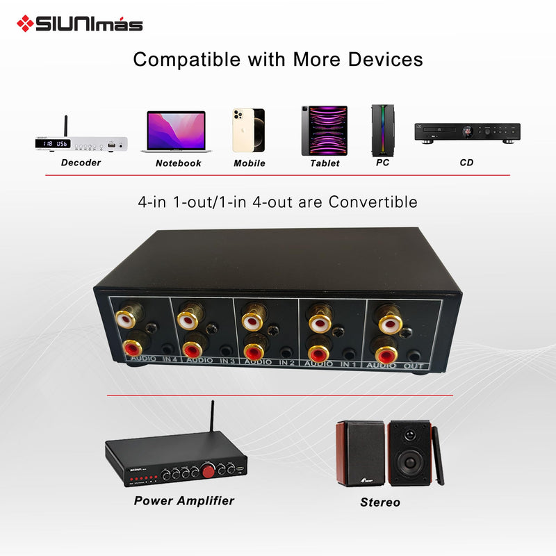 4-in 1-Out RCA and 3.5mm Aux Audio Receiver Switching Box 4 Channels Audio Converter Passive Audio Selector Switch Box 1-in 4-Out (S401-RCA AUX) S401-RCA AUX