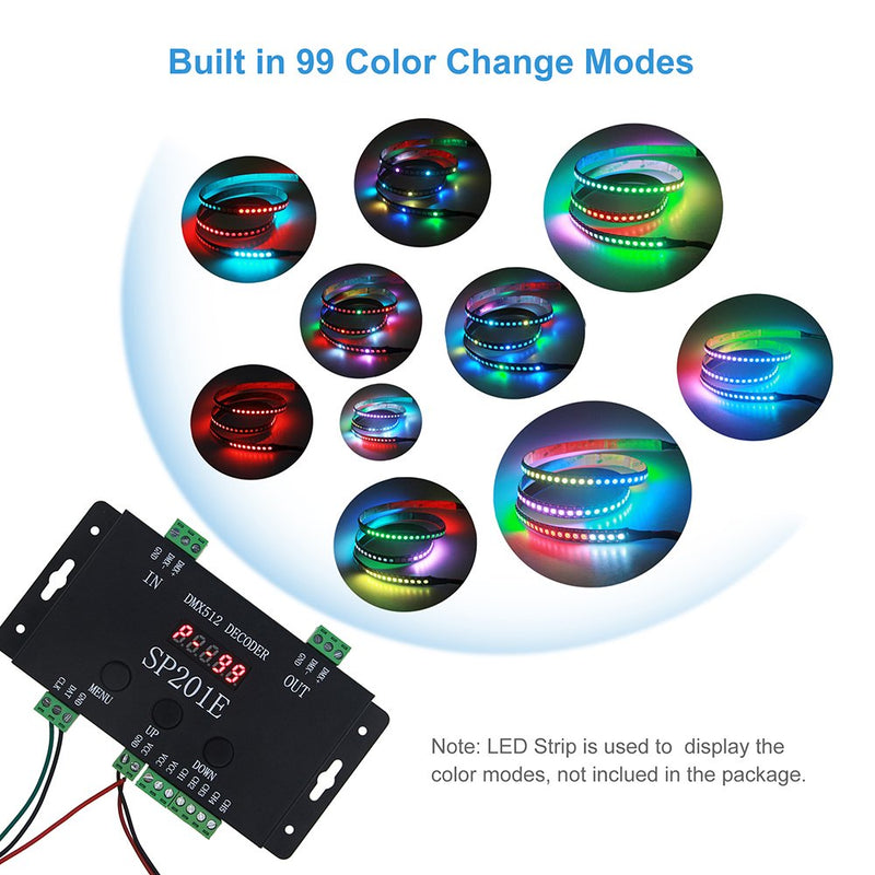 ALITOVE WS2812B WS2811 DMX to SPI Controller Decoder, W/ 99 Color Modes, 5 Channel DMX 512 RGB WW Decoder Controller for SK6812 WS2801 WS2813 LP6803 8806 1903 RGBWW LED Pixels Light Strip DC5V~24V