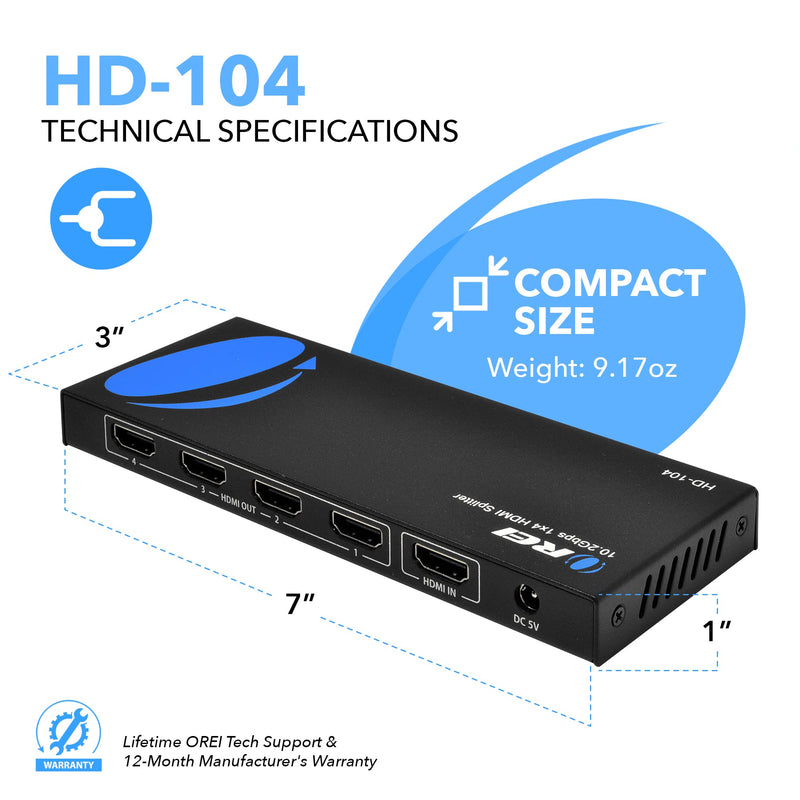 [AUSTRALIA] - OREI 4K 1x4 HDMI Splitter, - 1 Port to 4 HDMI Display Duplicate/Mirror - Powered Splitter Ver 1.4 Certified for Full HD 1080P High Resolution & 3D Support (One Input To Four Outputs) - (HD-104) 