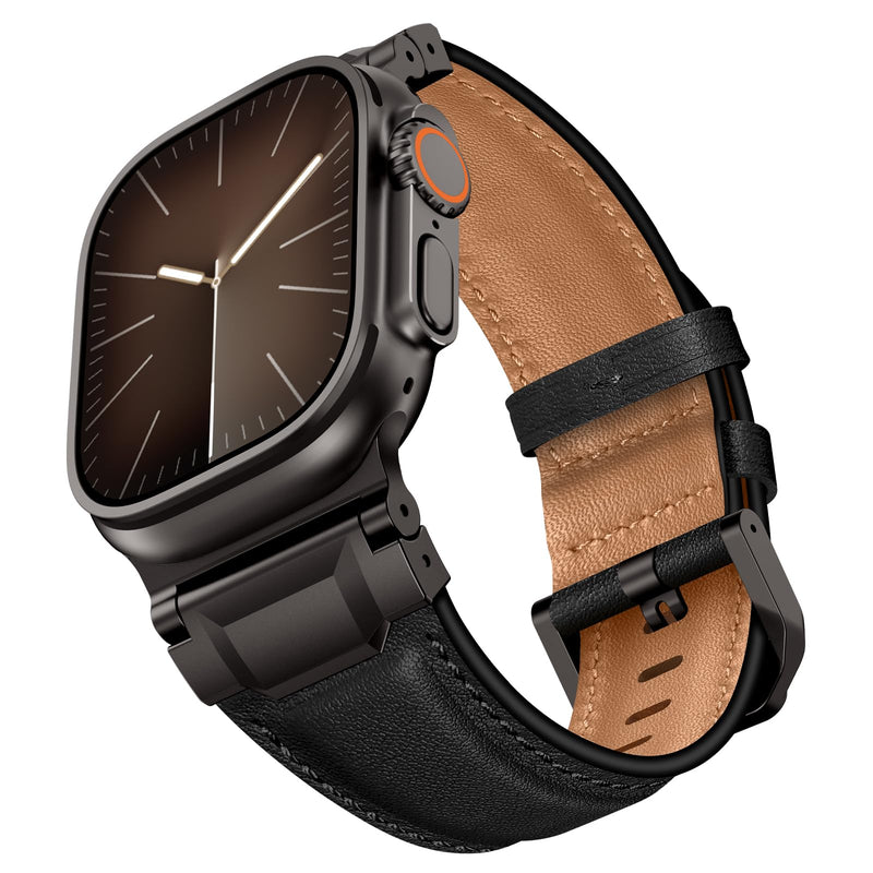 Leather Bands Compatible with Apple Watch Ultra 3/2/1 Band 49/46/45/44/42mm Men, Genuine Leather Metal Connector Strap for iWatch Ultra Series 11/10/9/8/7/SE/6/5/4, Black/Black+Retro Walnut/Titanium