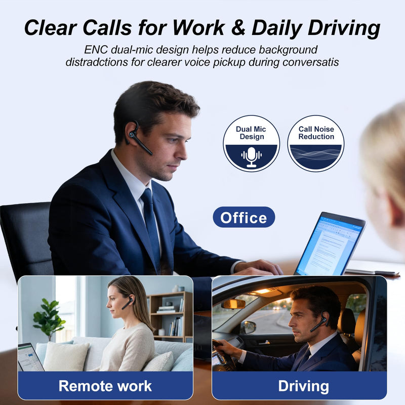 [AUSTRALIA] - ONE LIFE Bluetooth Headset with Microphone, Bluetooth Earpiece for Work, Wireless Headset with Mic, 15H Talk Time, 500mAh Charging Case, Bluetooth 5.3, LED Display for Office, Laptop, Phone, Driving Black 