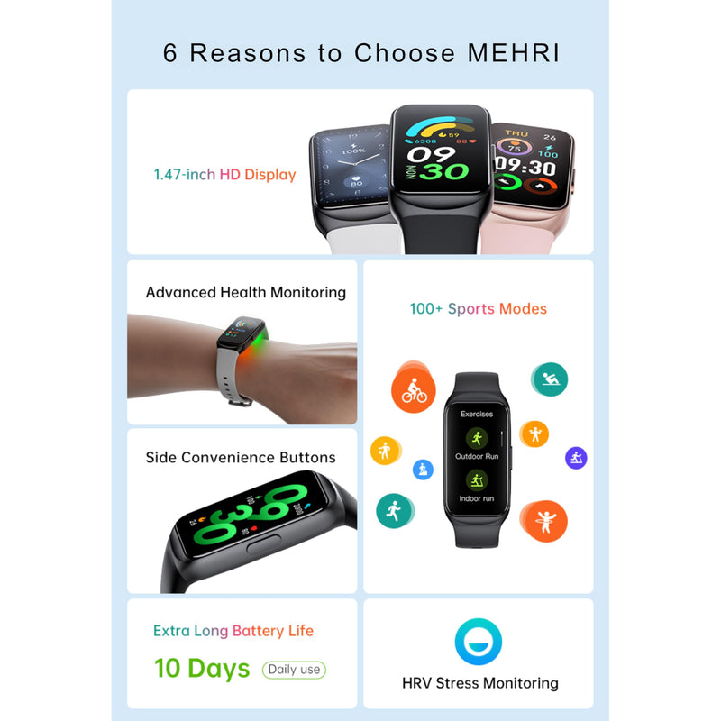 MEHRI Fitness Tracker - Smart Watch with 24/7 Heart Rate, Blood Pressure & Oxygen, Sleep & Stress Monitoring, IP68 Waterproof, Activity Tracker, Step Count, Calories, Distance & More (Black) Black