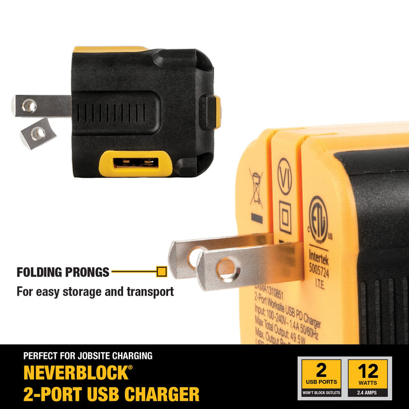 DEWALT Lightning to USB Cable — Reinforced Braided Cable for Lightning — 6 ft & 2-Port USB Wall Charger — NeverBlock Worksite Charger — Dual 5V 2.1A Power AC Adapter
