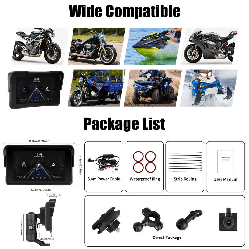 CAMECHO Motorcycle Wireless CarPlay & Android Auto Screen, 5" IP68 Waterproof HD for Moto Motorbike Touchscreen Car Stereo Support Bluetooth, GPS, Siri, USB Upgrade TF 12V 5 Inch+IP68