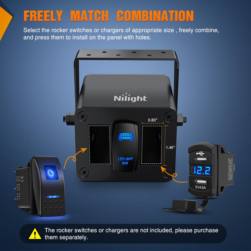 [AUSTRALIA] - Nilight 3 Gang Rocker Switch Box 3 Holes Panel Detachable Installation Housing Waterproof Aluminum Rotatable Mount Bracket 12V 24V DIY Toggle Switches Voltmeter USB Socket for Boats Cars RVs Trucks Black-Switch Box Only 