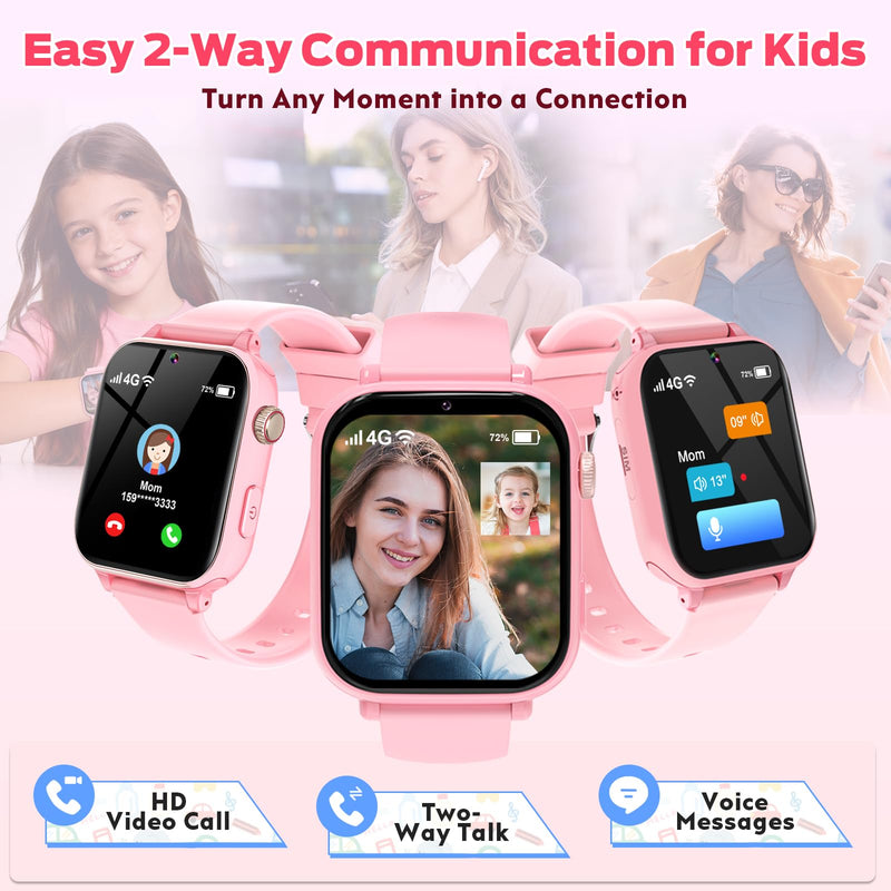 4G Kids Smart Watch with GPS Tracker, Video Call & Texting, Smart Watch for Kids with SIM Card, SOS, School Mode, HD Camera, Pedometer, Kid Watch Gift for Boys Girls Age 4-12, Pink