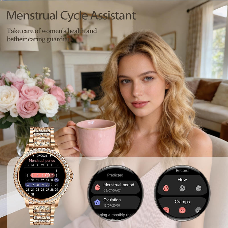 Smart Watch for Women with Diamonds, Bluetooth Calls, 1.32'' Full HD Screen Fitness Tracker with Multiple Sports Modes/Heart Rate/Sleep Monitor, IP68 Waterproof for Android iOS, Elegant Rosegold