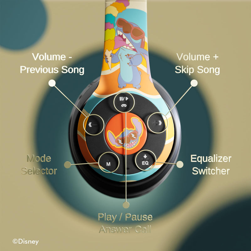 Disney Stitch Beach Day Bluetooth Over-Ear Headphones, Wireless Foldable Headset with Built-in Microphone - Stitch Beach Day Design, for Adults and Kids, Comfortable Auriculares