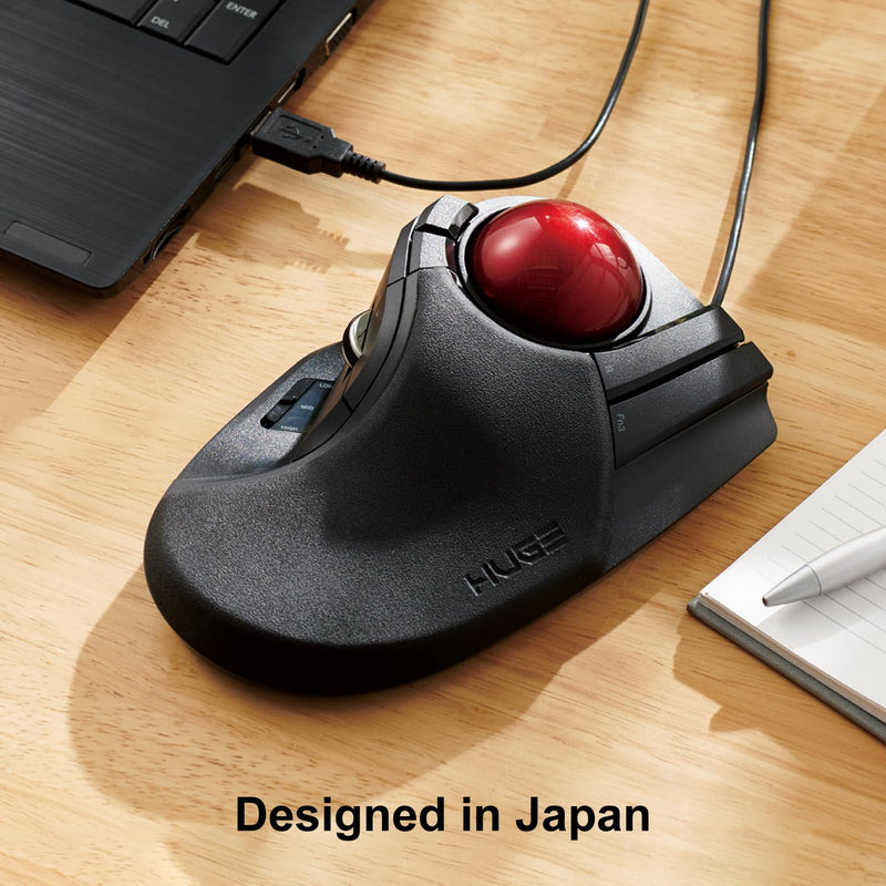 ELECOM HUGE Trackball Mouse, Wired, Finger-Operated, 8-Button Function, Palm Rest Attached, 52mm Smooth Red Ball Windows11, macOS (M-HT1URBK)