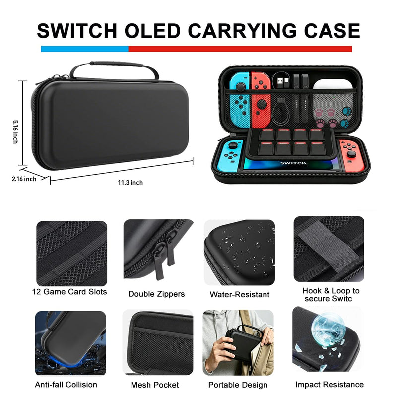 Accessories Bundle for Nintendo Switch 1/OLED, OUNFNOE 19-IN-1 Kits for Switch OLED Accessories, Carrying Case, Controller Charging Dock, Joy-Con Thumb Grips, Tempered Screen Protector, Steering Wheels for Mario Kart, Protective Console Cover
