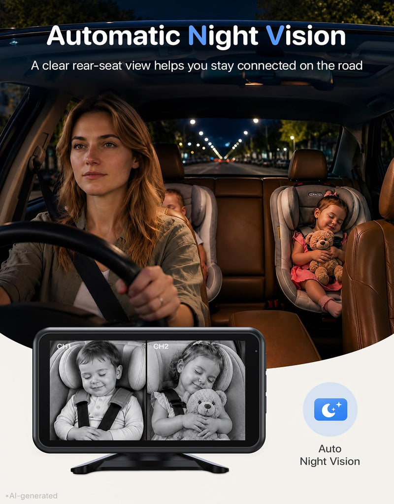 LUCKVIEW BM2PRO Dual Car Camera Baby Monitor for 2 Kids | 5.2'' 1080P HD, Split Screen & Full View, Auto Night Vision, Easy 3-Step Setup for Rear-Facing Infants & Toddlers Orange