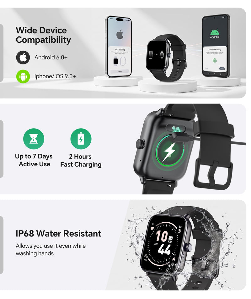 Quican Smart Watches for Women/Men, 2 Bands, Compatible for Android iPhone | 1.8" Fitness Tracker Watches, Alexa Built-in, Waterproof /Bluetooth Calling, Heart Rate/Sleep Monitor, Perfect Smart Gift Black 1.8 Inches