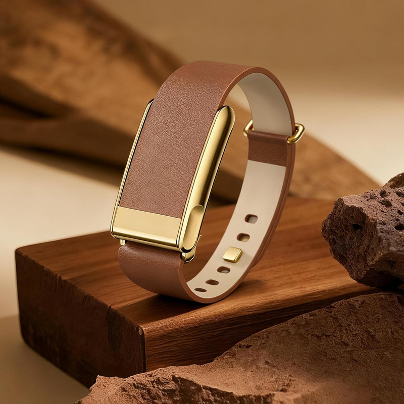 omee Leather Band Compatible with Whoop 5.0 Band Strap Men Women, Genuine Leather Rugged Durable Replacement Wristbands Straps for Whoop 5.0 Bands Brown Gold
