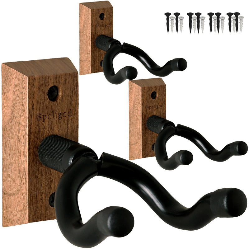 Guitar Wall Mount Hanger 3 Pack, Guitar Hanger,Black Walnut Guitar Hook Holder Stand for Acoustic Electric Bass Guitar Ukulele Mandolin at Home, Studio