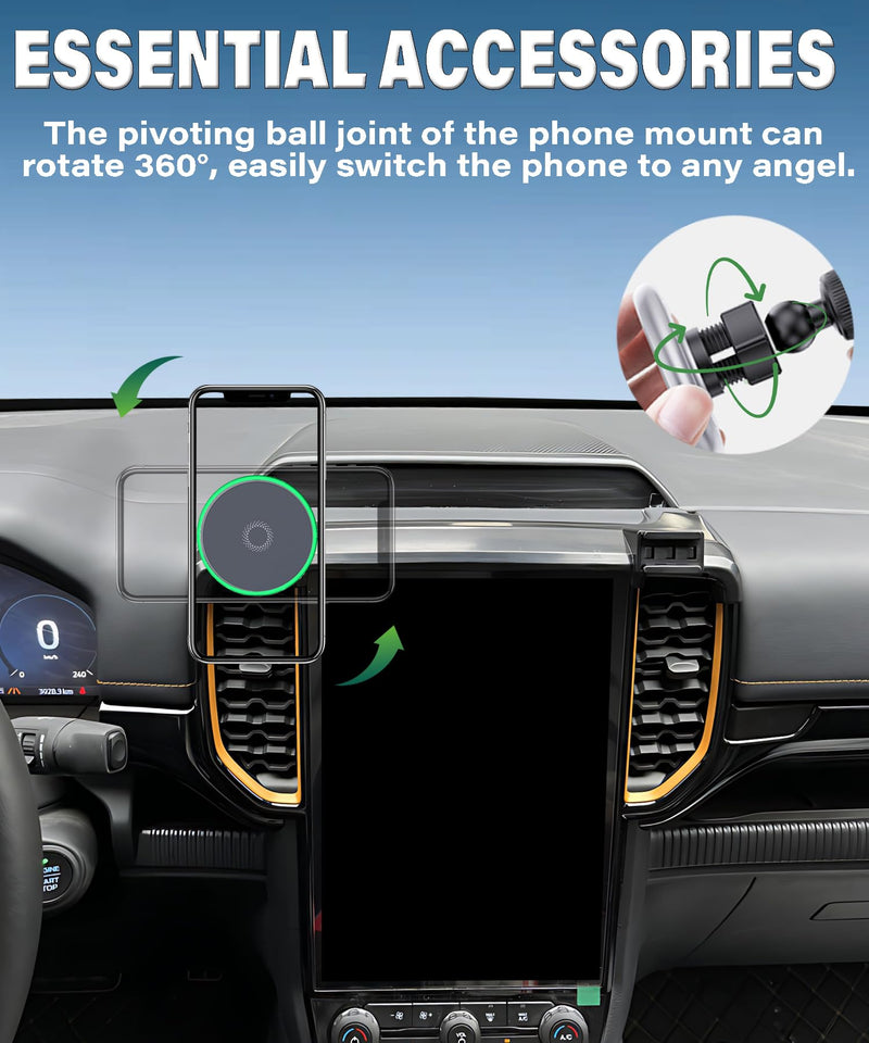 Car Phone Mount for Ford Ranger 2023 2024 2025 12.1" Screen Accessories | MagSafe 15W Fast Wireless Charger Cell Phone Holder,360° Rotatable 3D Fit Navigation Clip-On Cradle,will Not Block Air Vents fit for 2023-2025 Ford Ranger(12.1 Inch Screen)