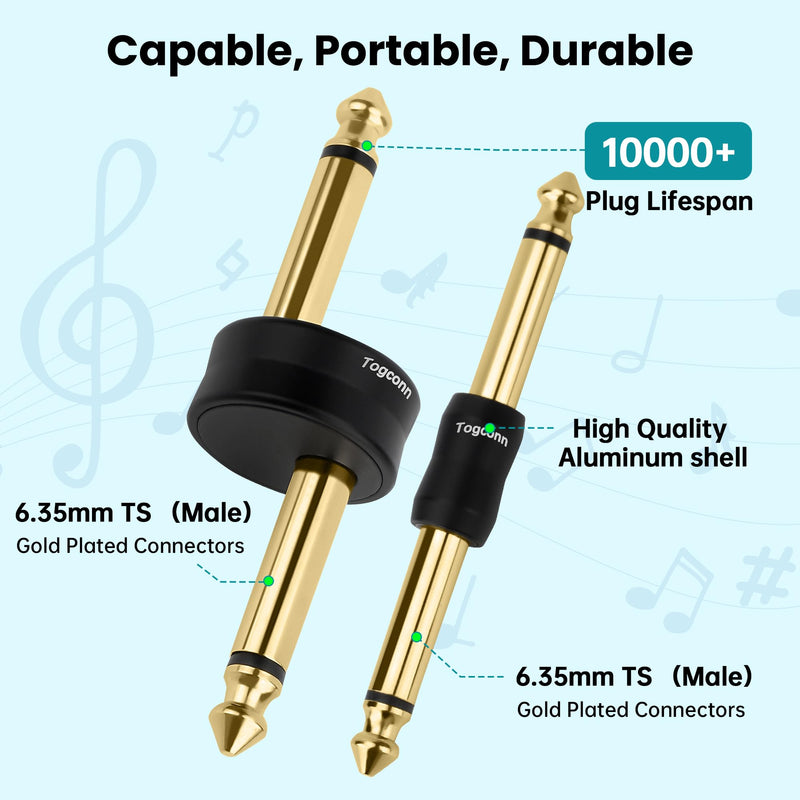 Gold-Plated Guitar Pedal Effects Patch Connector Coupler 10 Pack，6.35mm to 6.35mm Adapter, Angle 1/4 Quarter Inch TS Mono Male to Male Jack Plug, Audio Converter Premium Quality Series