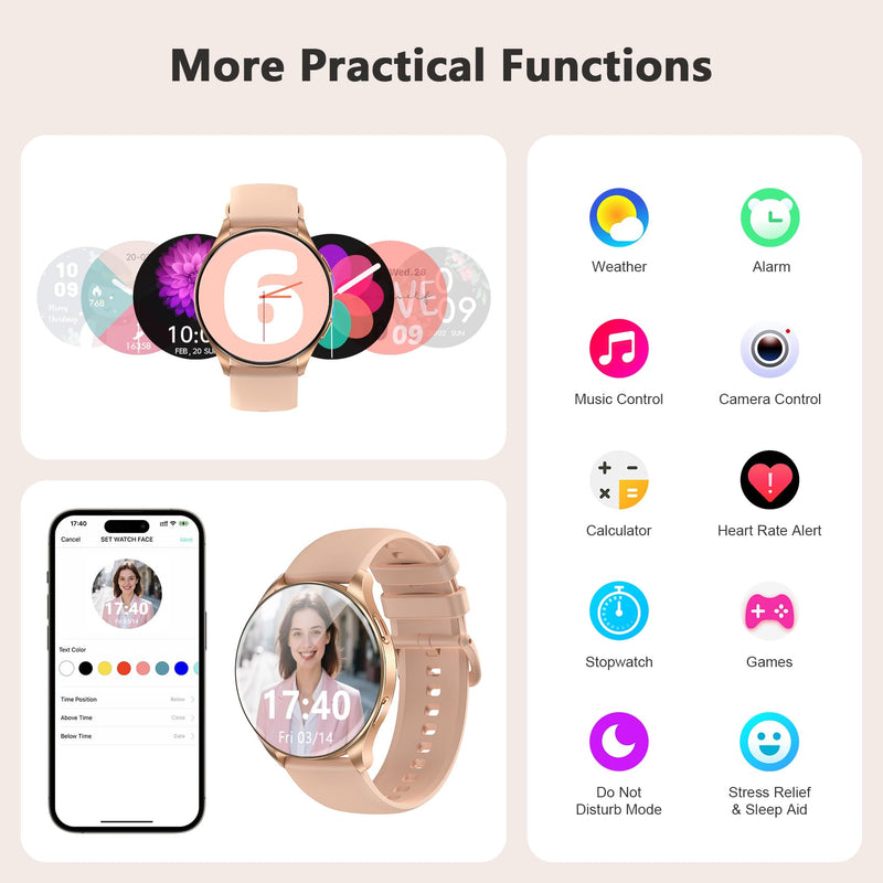 Blackview Smart Watch for Women(Make/Answer Calls), 1.43''AMOLED Touchscreen Fitness Tracker with 100+ Sports Modes, Heart Rate/SpO2/Sleep Monitor/2 Straps, Smartwatch for iPhone & Android W40-Gold Pink