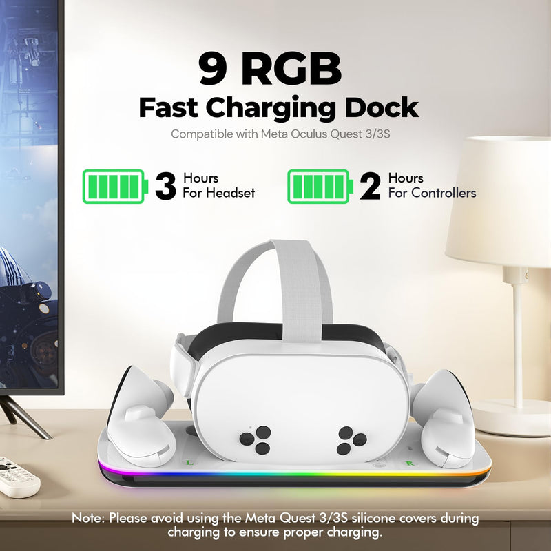 Charging Dock Compatible with Meta Quest 3/3S, Magnetic Fast Charging | Closable 9 RGB Modes, 2 Rechargeable Batteries, With USB-C Cable & Adapter, Compatible with VR Headset Controller Accessories White