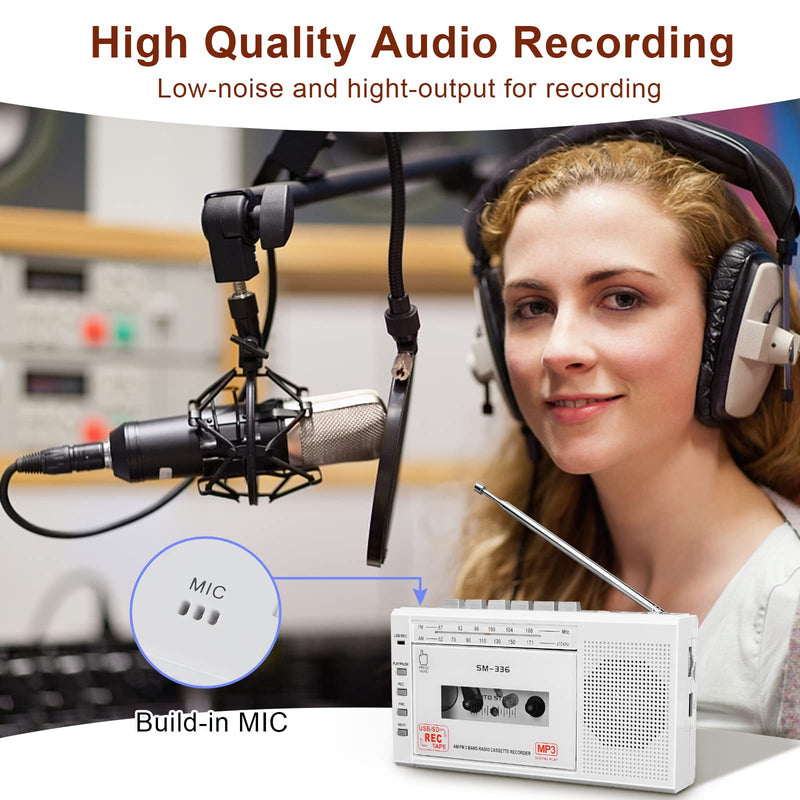 Portable Cassette Tape Player to Digital Converter via USB or SD Card, AM FM Walkman Cassette Tape Recorder Power by DC or AA Battery,Built-in Microphone, Speaker and Headphone Jack