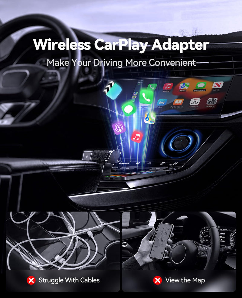 Wireless CarPlay & Android Auto Adapter, Convert Wired to Wireless | Fast Auto Reconnect, Plug & Play for Factory Wired CarPlay Vehicles, Compatible with Most Cars 2016+, Black