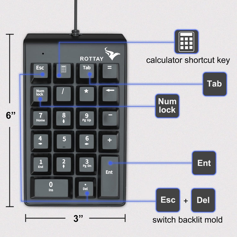 Number Pad, ROTTAY Mechanical USB Wired Numeric Keypad with Blue LED Backlit 22 Key Numpad for Laptop Desktop Computer PC Black (Blue switches)