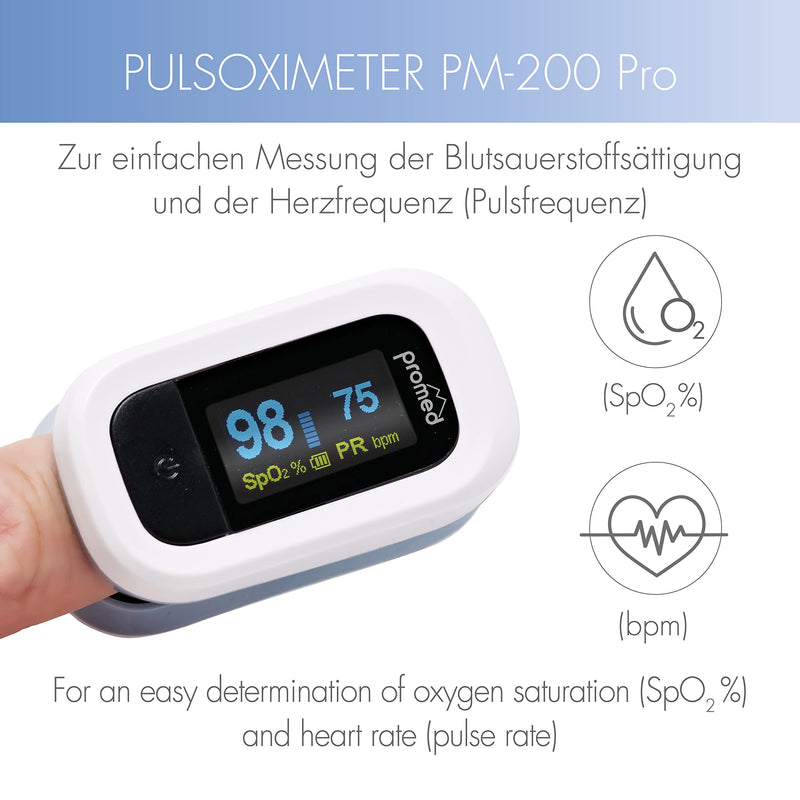 Promed Pulse Oximeter PM-200 Pro, Easy Measurement of Heart Rate & Oxygen Saturation in the Blood, Finger Pulse Oximeter with OLED Display and Automatic Shut-Off