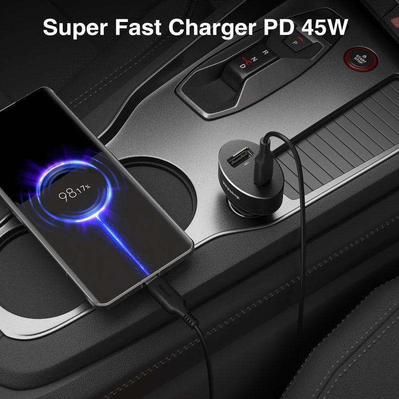 Nekteck 45W 2-Port USB-C Car Charger, PD 3.0 & QC 3.0 Fast Charging | USB-IF Certified for Safe, Stable Charging, Includes 3.3ft Cable, Compatible with MacBook Air/Pro, iPad, and iPhone 16/17
