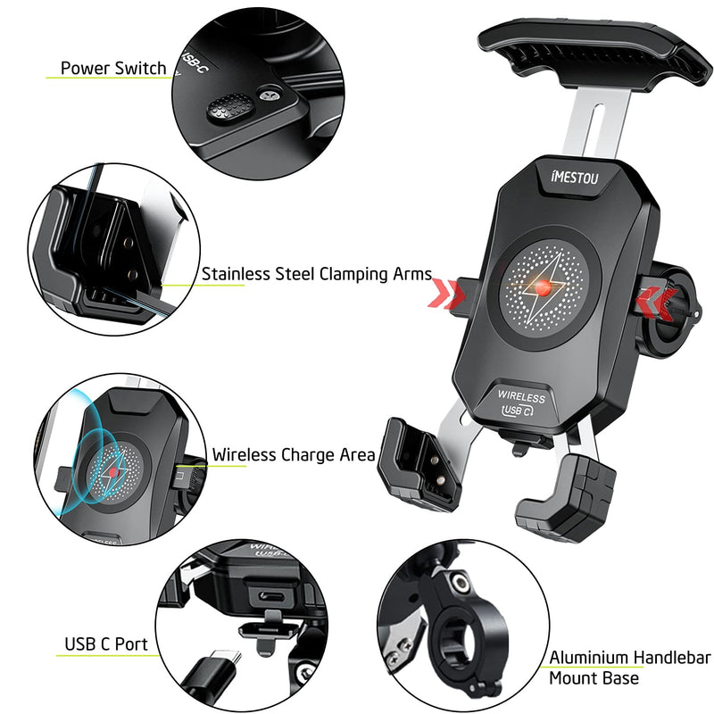 iMESTOU Motorcycle Wireless Phone Mount Charger -Motorcycle USB C 3.0 Phone Holder Qi 15W by Wiring/Plugging to USB A Socket Aluminium Handlebar Base Waterproof for 4-7" Cellphones