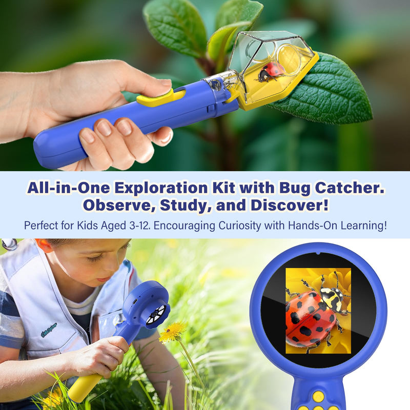 [AUSTRALIA] - Kids Wonder Quest Microscope Camera with Bug Catcher, 2" Screen Portable Handheld Microscope for Kids, HD 500X STEM Science Toy with LED Lights, for Age 3-12 Girls & Boys Birthday Gifts (Blue) Blue 