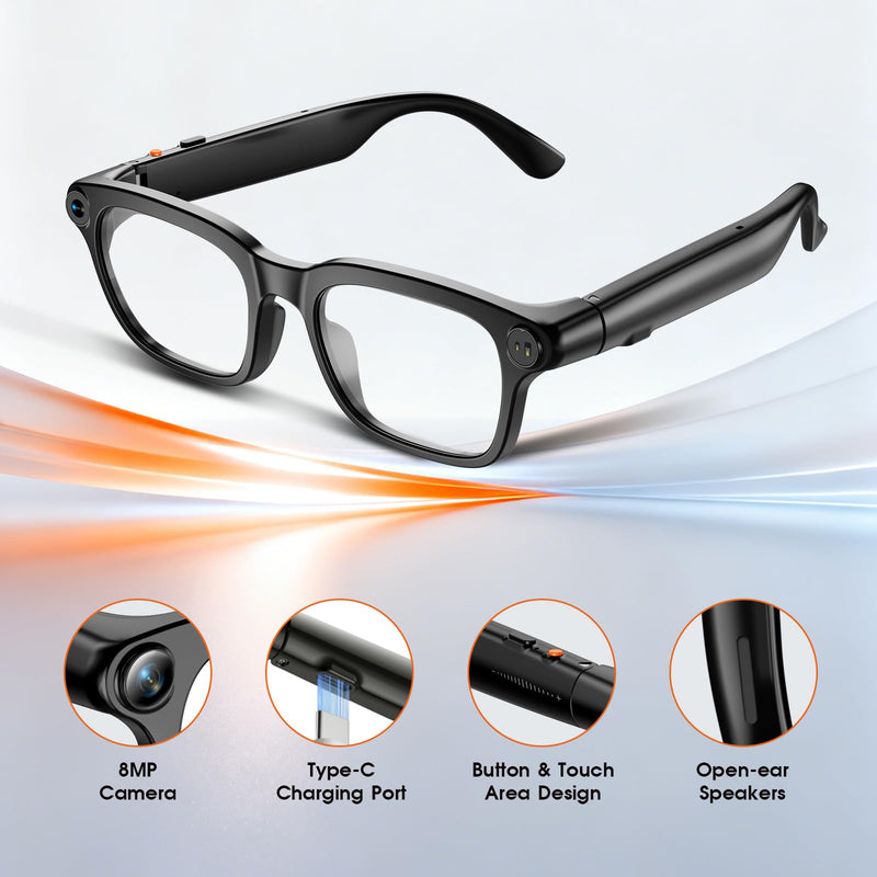 AI Smart Glasses with Camera, Interchangeable Lenses & Bluetooth Audio | 8MP Camera, 3-Lens System, AI Translation, Open-Ear Audio, Outdoor Smart Eyewear for Cycling, Travel & Sports Black-M08