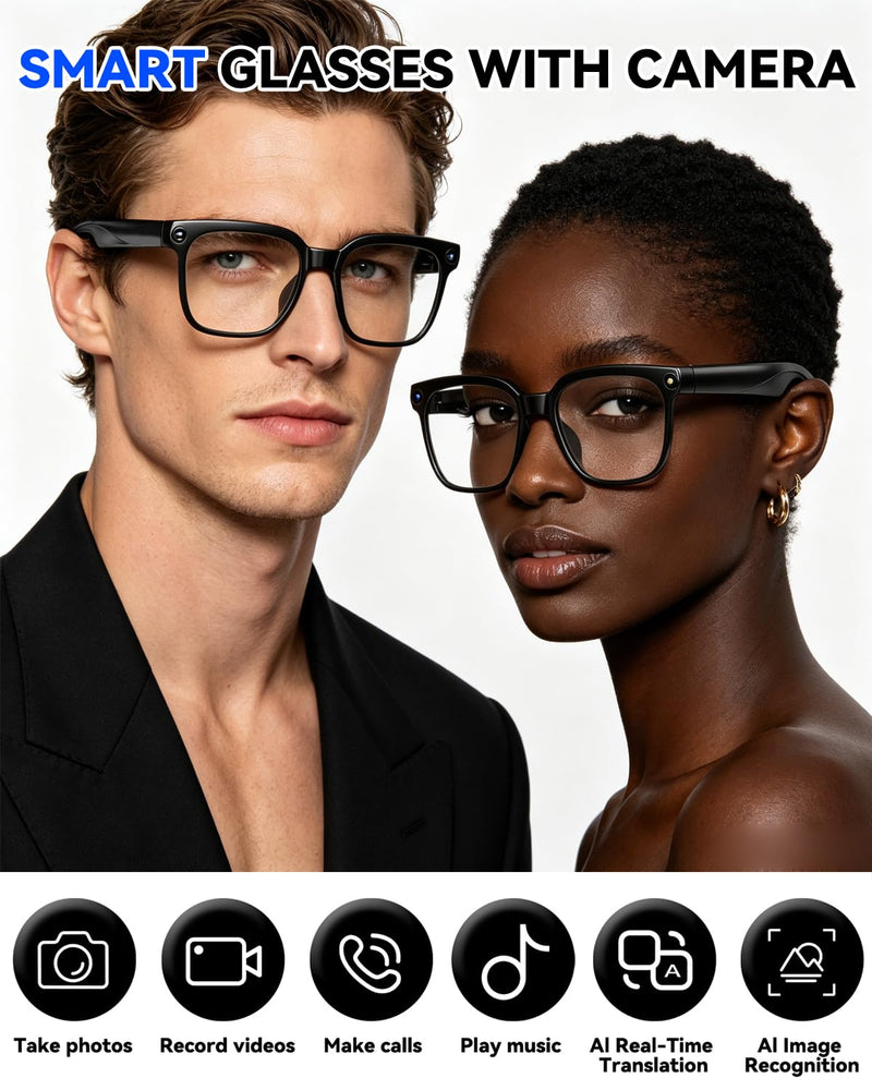 Smart Glasses with Camera, 8MP Anti-Shake Photochromic Smart Glasses | 1200P HD Video, Real Time Translation, AI Voice Assistant, Open Earbuds, Travel, Work Black