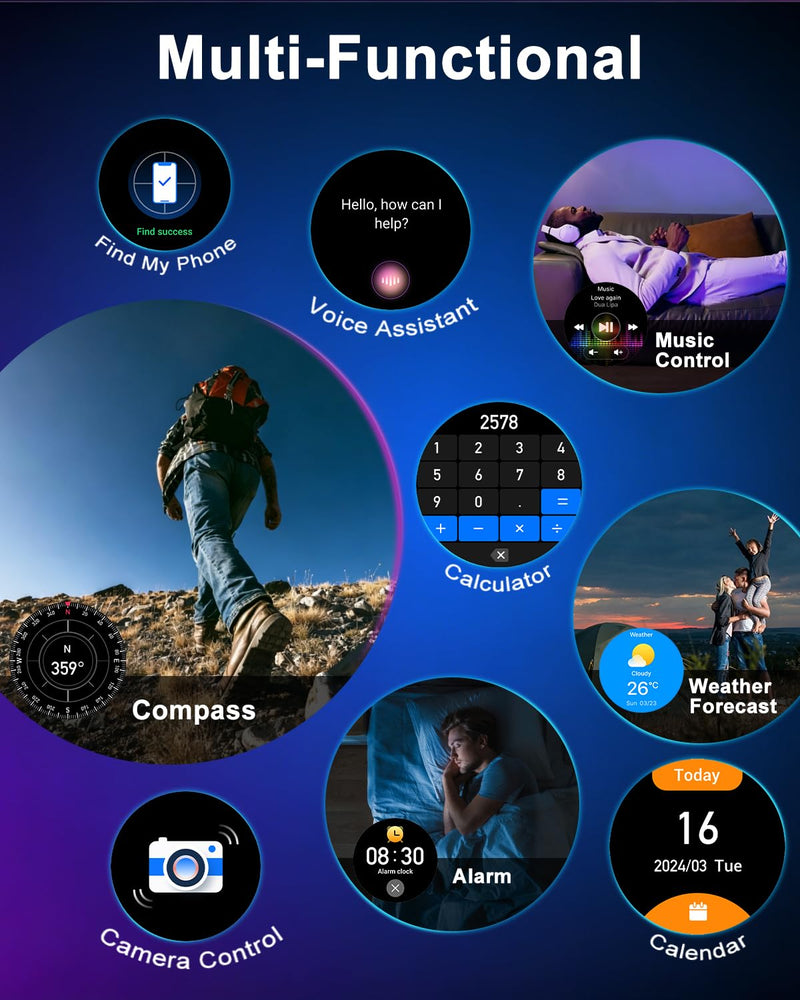 Rugged Smart Watch for Men, 1200mAh Battery, 1.7" AMOLED Display, Bluetooth Calling, IP68 Waterproof (Not for Swimming), 100+ Sports Modes, Compass & LED Flashlight for iPhone & Android