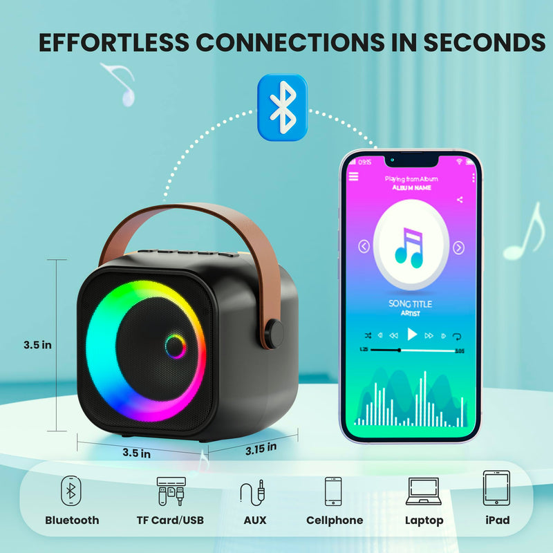 Mini Karaoke Machine, Portable Bluetooth Karaoke Speaker with 2 Wireless Microphones and Party Lights for Kids and Adults, Birthday Gifts for Girls Boys Family Home Party Black 2 Mics