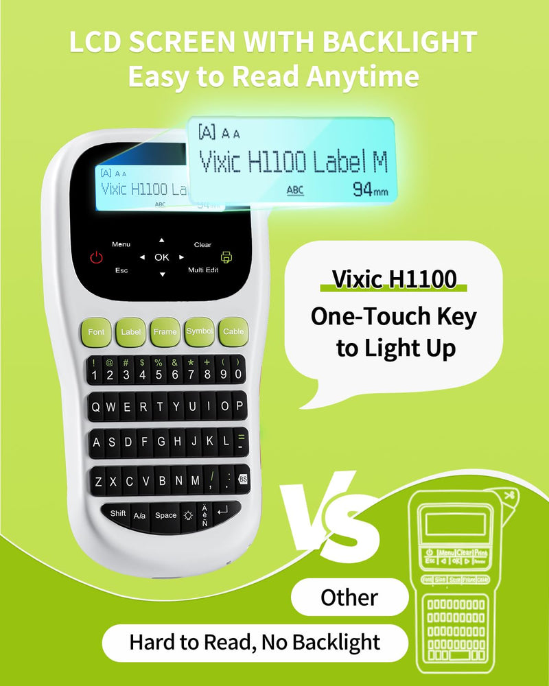 [AUSTRALIA] - Label Maker Machine with-Tape, H1100 Handheld Label Maker Portable Labeler with Backlight Screen Keyboard for Home School Office Organization, Multiple Fonts Symbols Borders Easy to Use Inkless Label Maker with 1 Tape Green 
