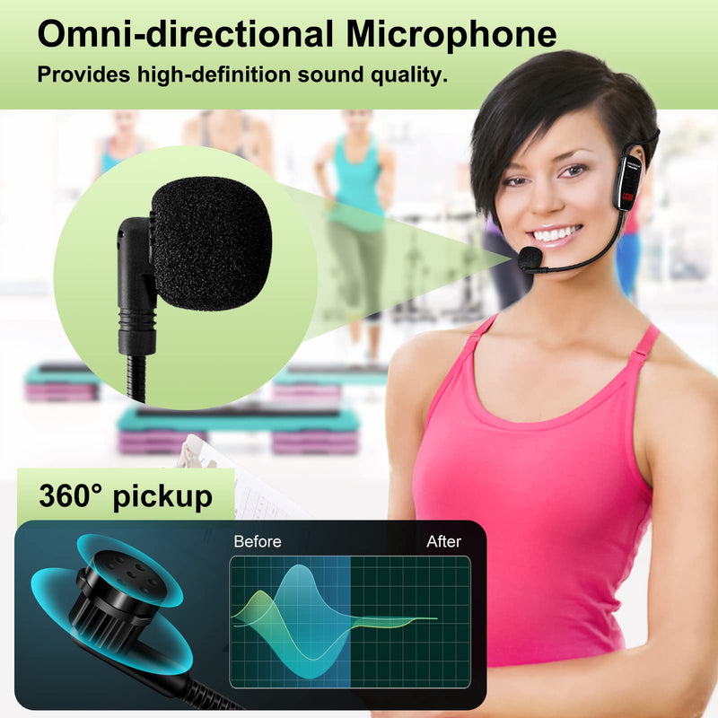 XIAOKOA Wireless Microphone Headset, UHF Head Mic Speaker System, Professional Voice Amplifier Headset Microphones, with LED Digital Display, for Teaching Fitness Instructor Tour Guide Black-B