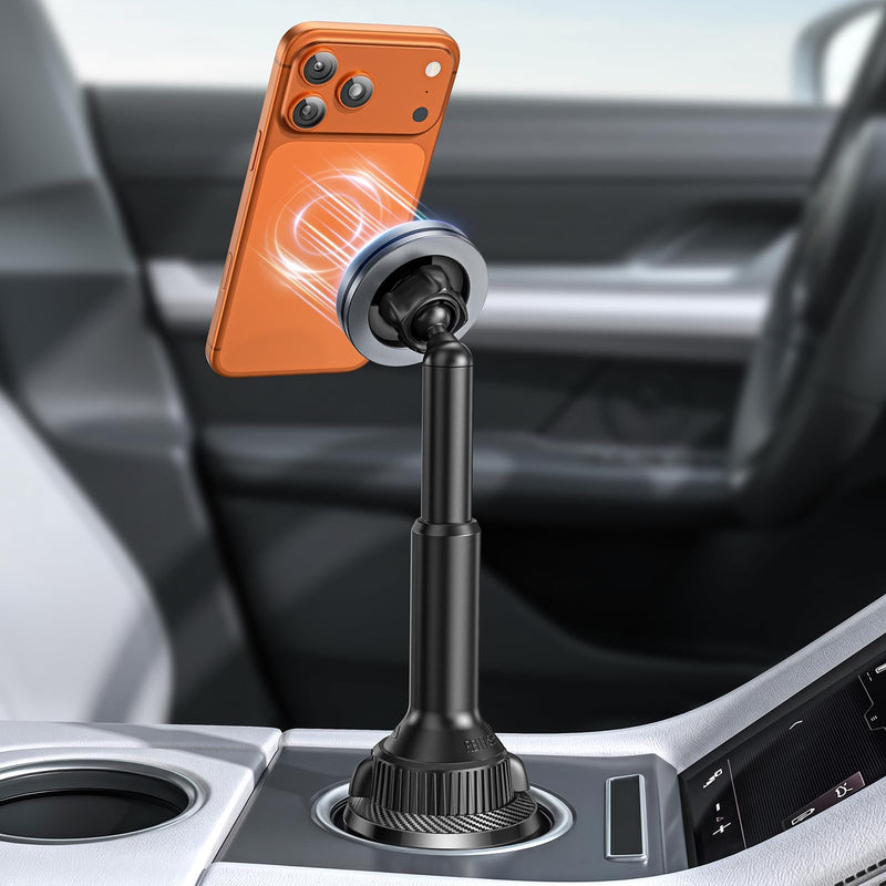 OQTIQ Phone Cup Holder for Car Mount for MagSafe, Quick Extension Long Arm | 360° Rotation, Fits 3"-4" Cup Holders - Stable & Secure for iPhone 12-17 Series, Carbon Fiber Pattern Black