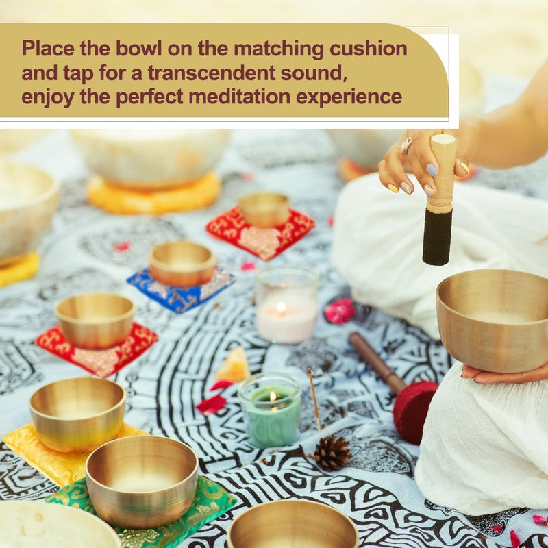 5 Pcs Silk Singing Bowl Cushion Set 4 Square Singing Bowl Cushion Pillow Pad with Wood Mallet for 4-8 Inch Tibetan Crystal Sound Bowls, 4 Sizes