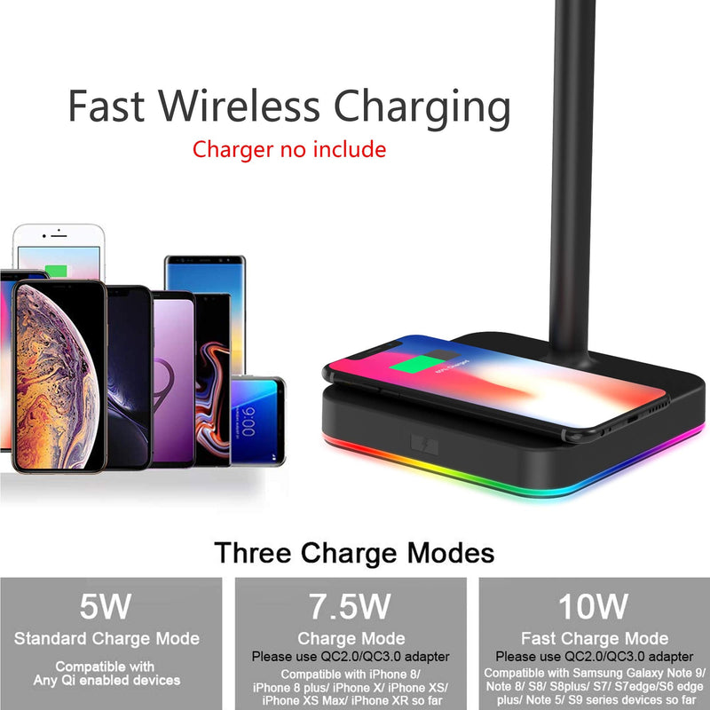 RGB Headphone Stand with Wireless Charger KAFRI Desk Gaming Headset Holder Hanger Rack with 10W/7.5W Fast Charge QI Wireless Charging Pad - Suitable for Gamer Desktop Table Game Earphone Accessories A-ONE STAND