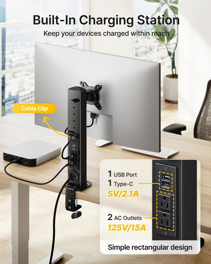 monTEK Powered Single Monitor Stand for 17-32", Clamp/Grommet | Heavy-duty monitor desk mount, integrated power outlet, adjustable arm and clamp/grommet mounting options