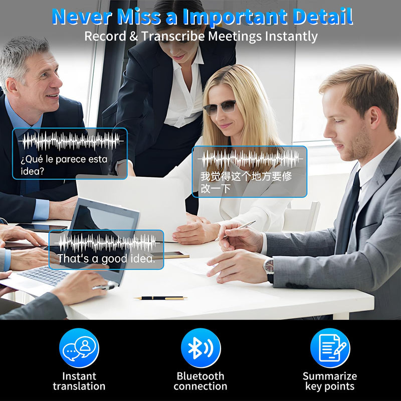 AI Translation Glasses, 164 Languages Real-Time Translator, Black Plastic Frame, Bluetooth 6.0, IP67 Waterproof, Voice Assistant for Business Travel (photochromic Lenses) photochromic lenses