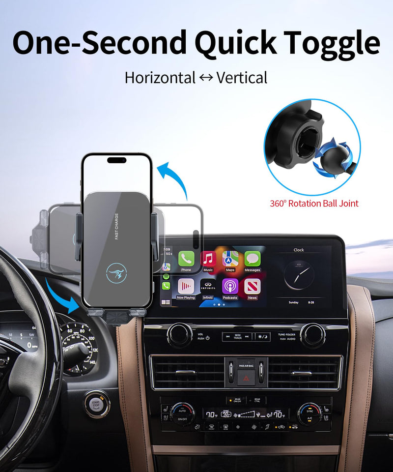 Wireless Charger Car Phone Holder for Nissan Armada 2021-2024, 12.3" Screen | Infiniti QX80 2022-2024, Auto Clamp Cell Phone Mount Accessories 15W Qi Fast Charging Stand Compatible with iPhone Android