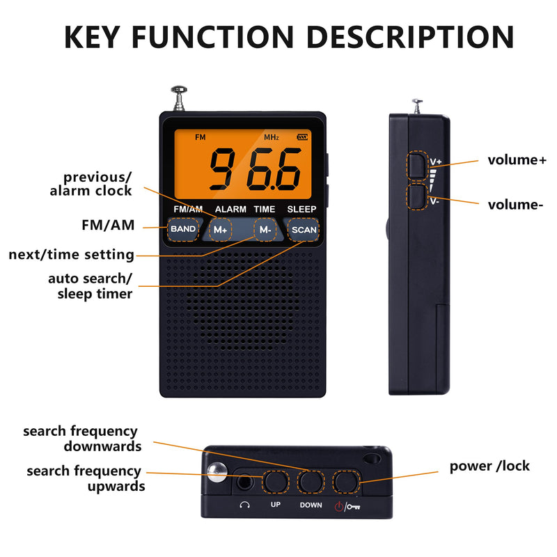 [AUSTRALIA] - AM FM Pocket Radio,Mini Portable Radio, Battery Operated by 2 AA Batteries with Stereo Earphone, Large Digital Display, Time Display, Digtal Alarm Clock (Black) black 
