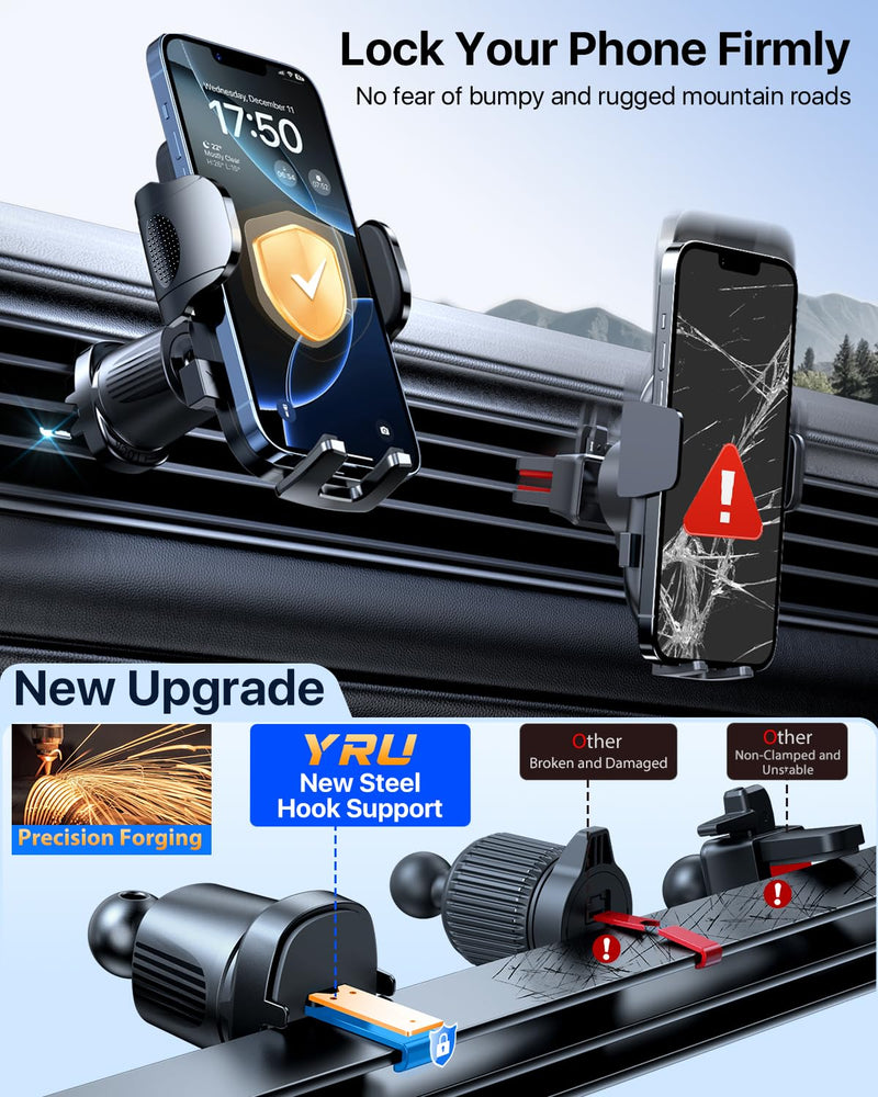 YRU [2026 Ultimate Car Phone Holder Mount [Bendable & Adjustable Aluminum Arm] Cell Phone Holder for Car Dashboard Windshield Phone Stand for iPhone 17 16 15 14 Pro Max Samsung Pickup Truck, Black
