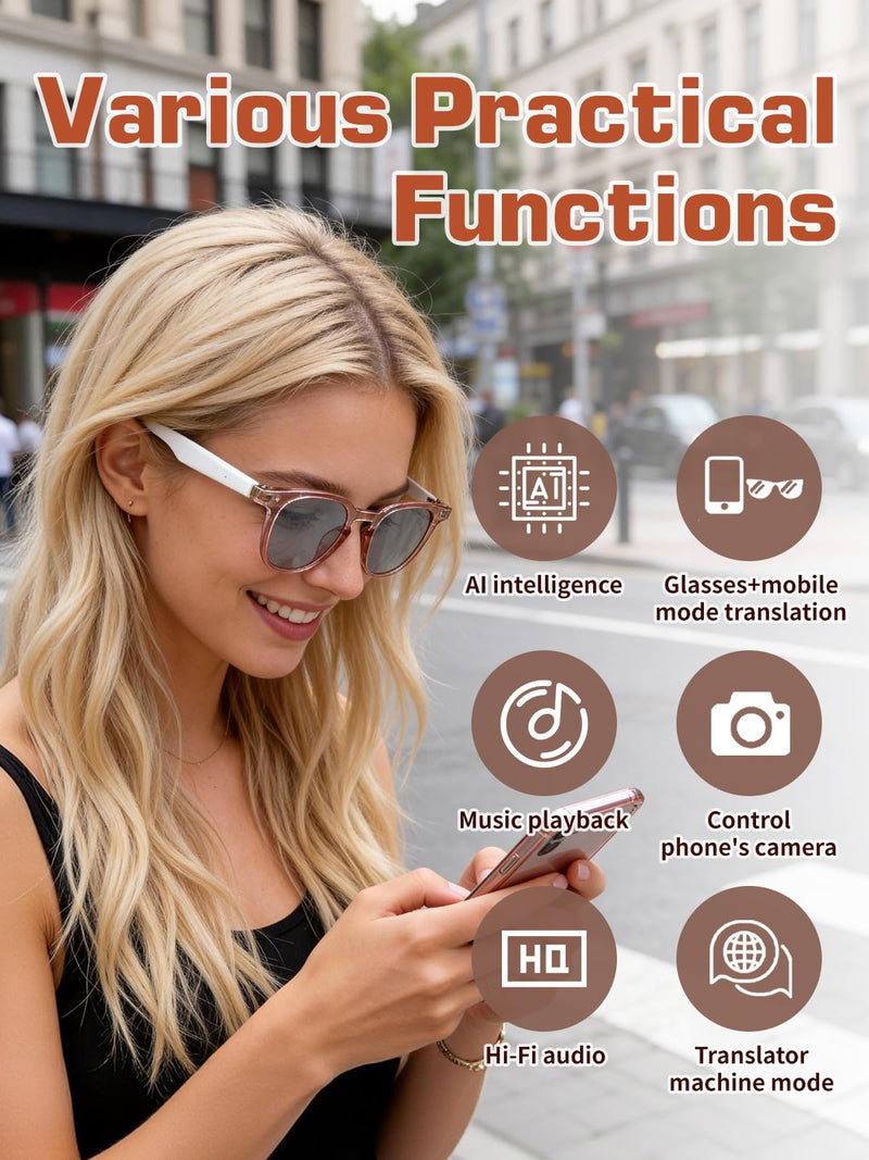 Bluetooth Glasses for Women and Men with Bluetooth 5.4, Translation Glasses with Blue Light Blocking and Color-Change Lenses, Voice Assistant, Touch Control for Travel, Meetings, Business