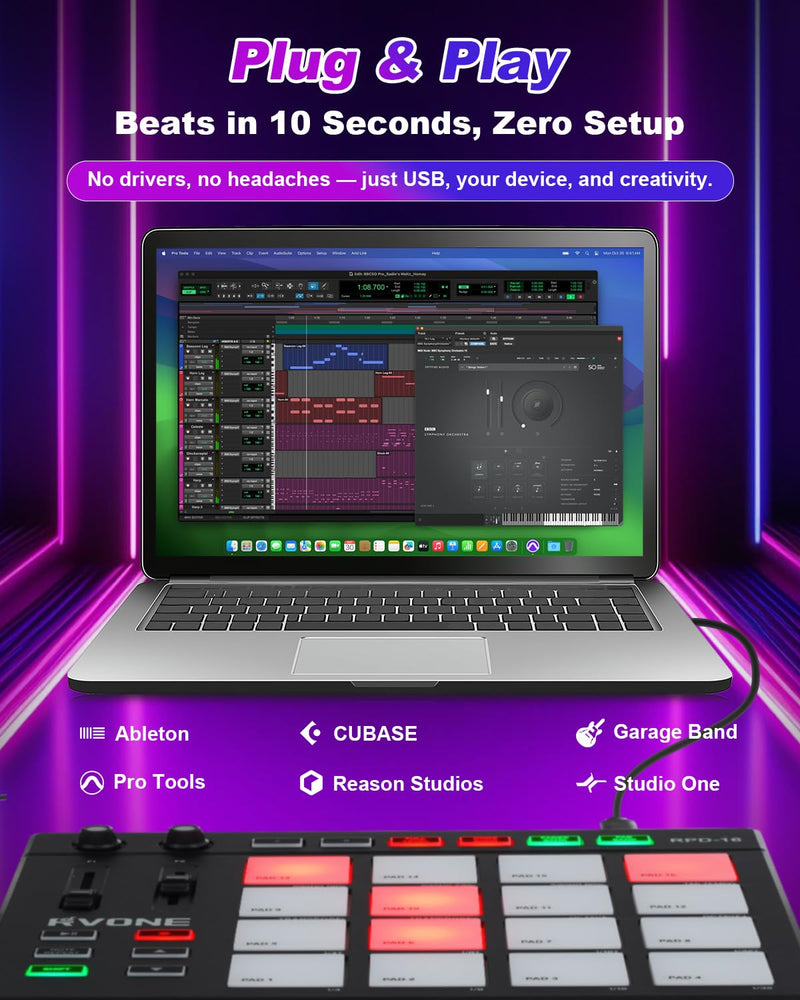 USB MIDI Pad Controller with 16 Velocity Senstive Drum Pads| 7 RGB Lights & DAW Control| 2 Assignable Knobs & Faders| Drum Machine with Note Repeat & Full Level| Plug & Play| Beat Maker Beginner