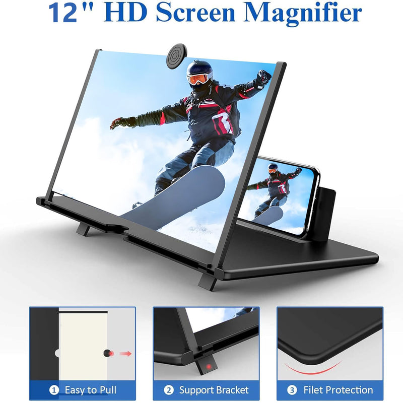 [AUSTRALIA] - 12" Screen Magnifier for Cell Phone,3D HD Magnifying Projector Screen Enlarger for Movies, Videos and Gaming, Foldable Phone Stand Holder with Screen Amplifier, for All Smartphones (Black 12") Black-12" 